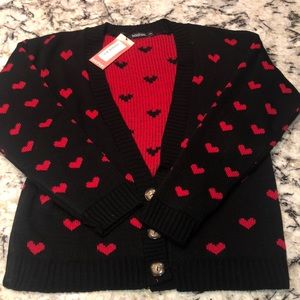 boohoo Heart Print Crop Cardigan - Black/Red